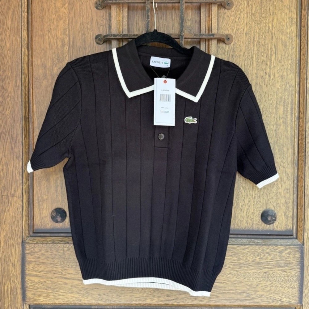 Lacoste Black Knit Polo with White Collared Trim  Sweater  Size L